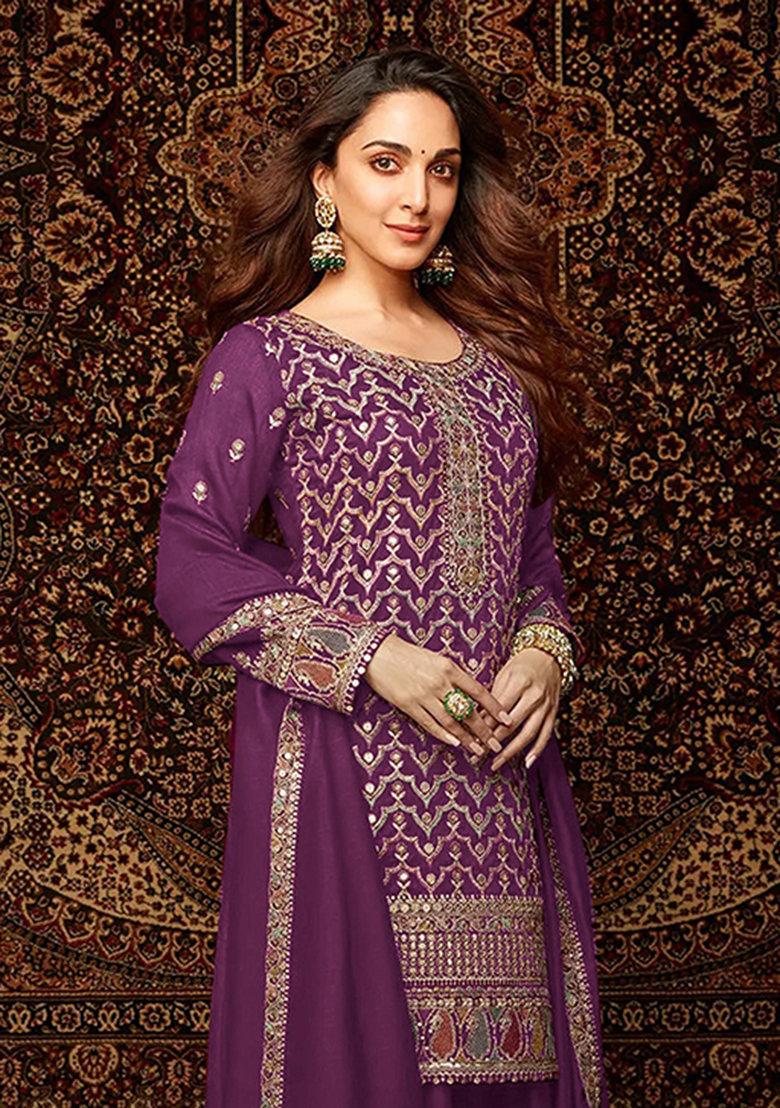 Purple Embroidered Silk Sharara Set With Dupatta