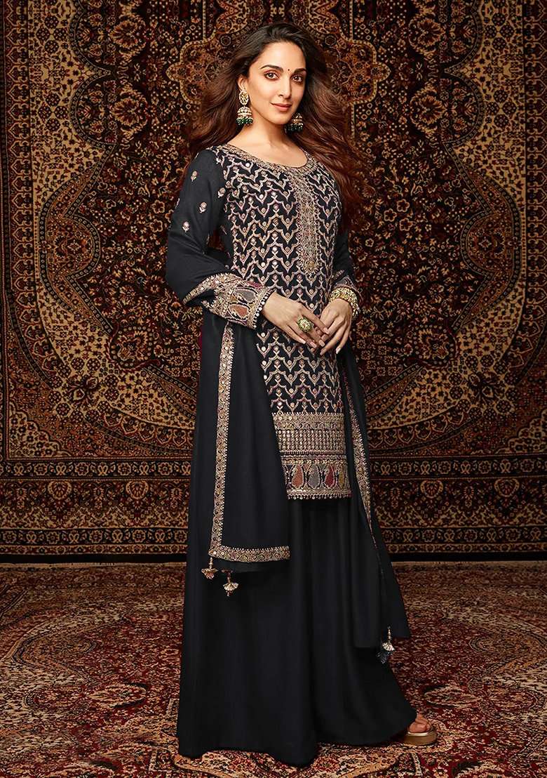 Black Embroidered Silk Blend Sharara Set - Indya
