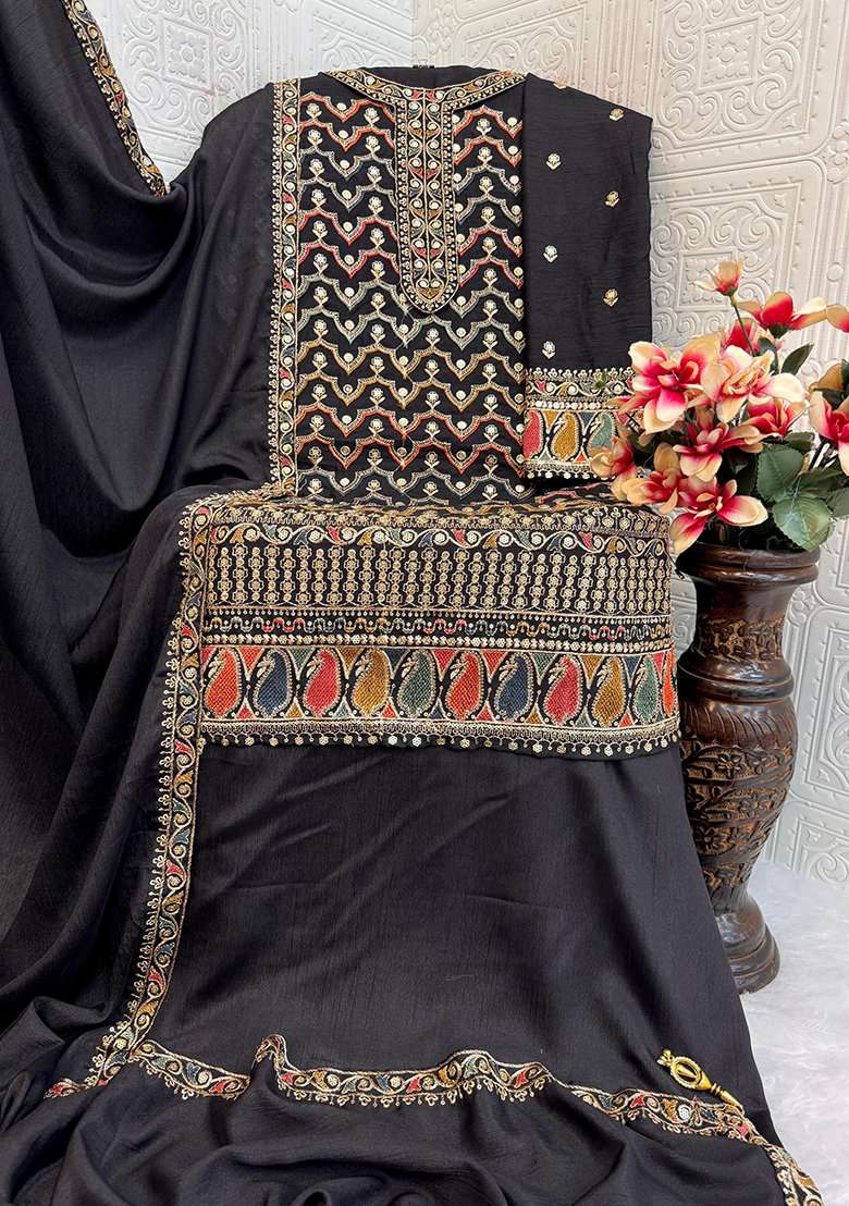 Black Embroidered Silk Blend Sharara Set - Indya