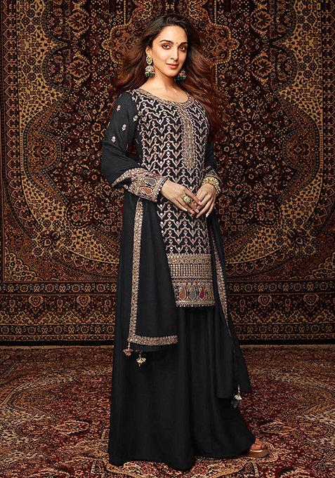 Black Embroidered Silk Sharara Set With Dupatta