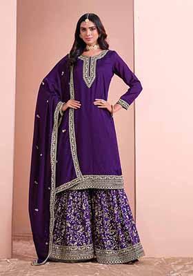 Purple Embroidered Art Silk Palazzo Set With Dupatta