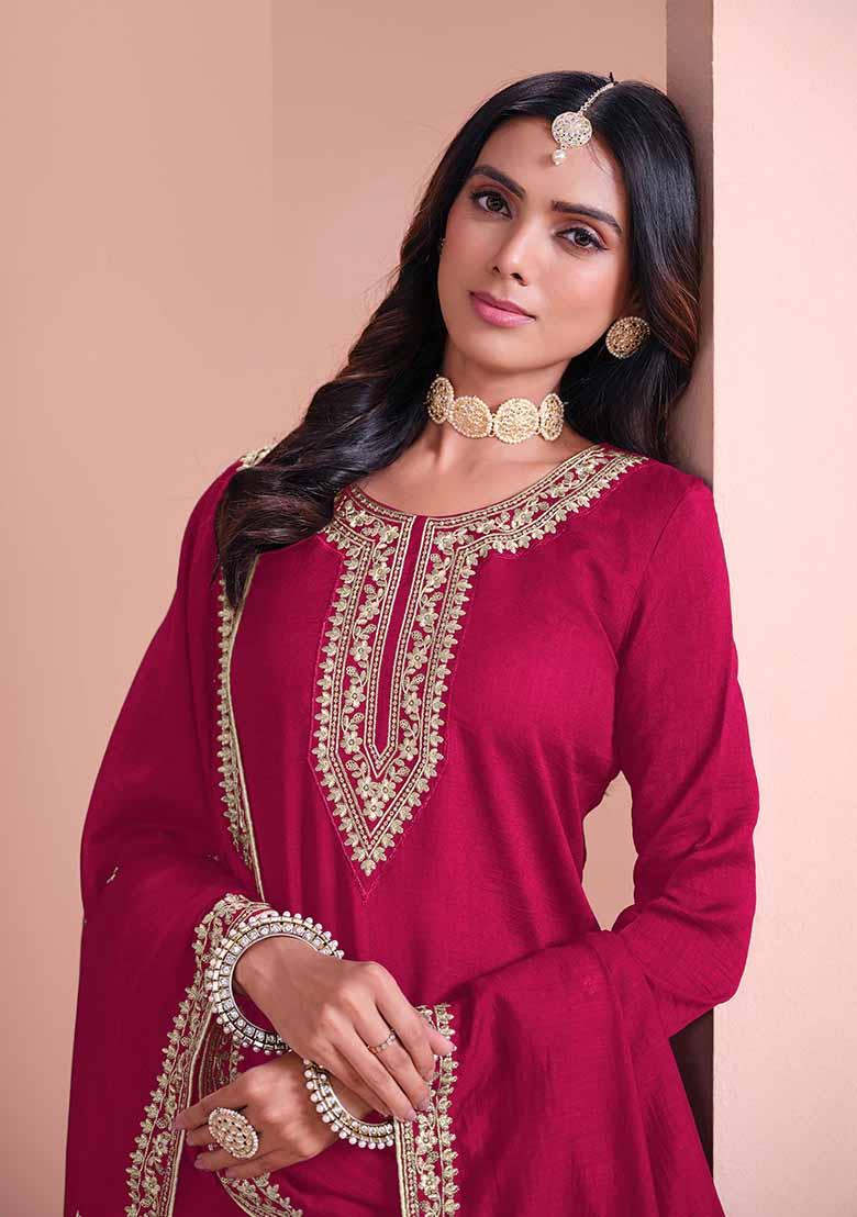 Rani Pink Embroidered Art Silk Palazzo Set With Dupatta