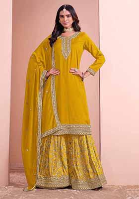 Yellow Embroidered Art Silk Palazzo Set With Dupatta