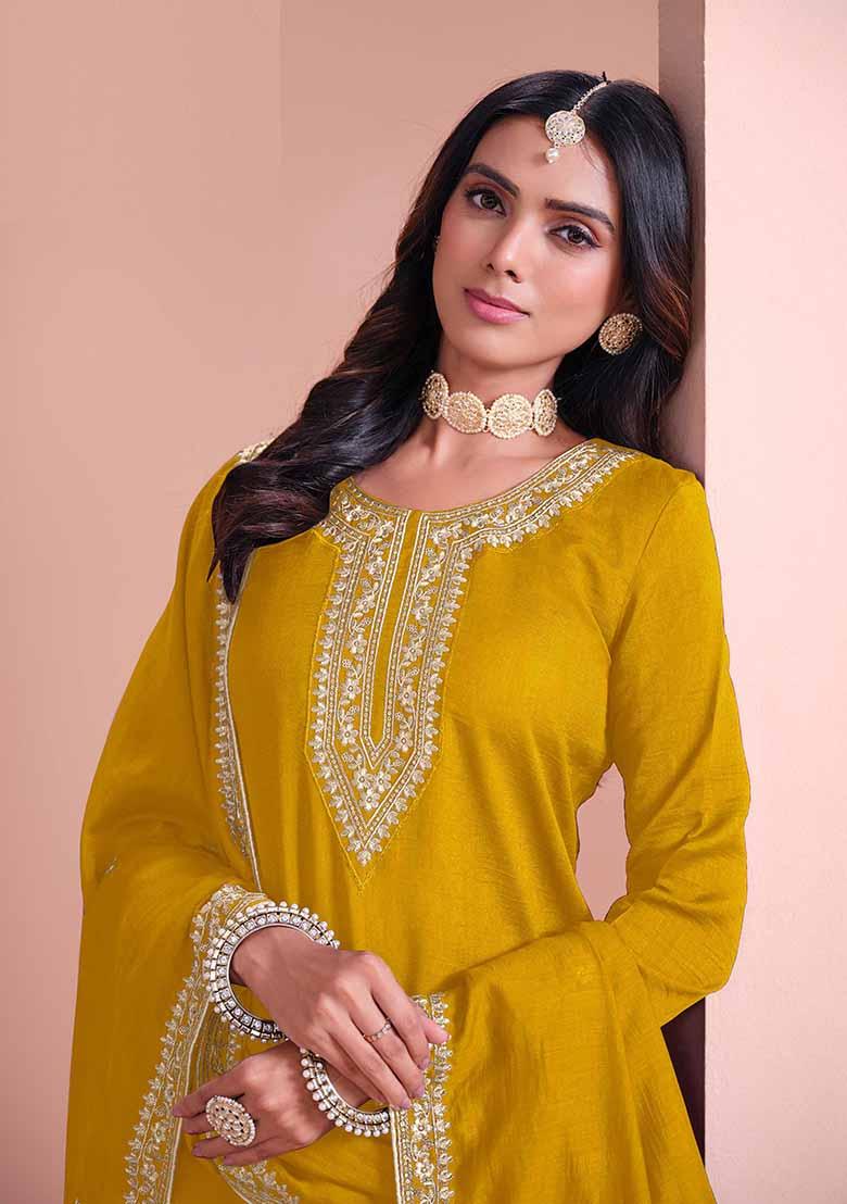 Yellow Embroidered Art Silk Palazzo Set With Dupatta