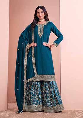 Teal Green Embroidered Art Silk Palazzo Set With Dupatta