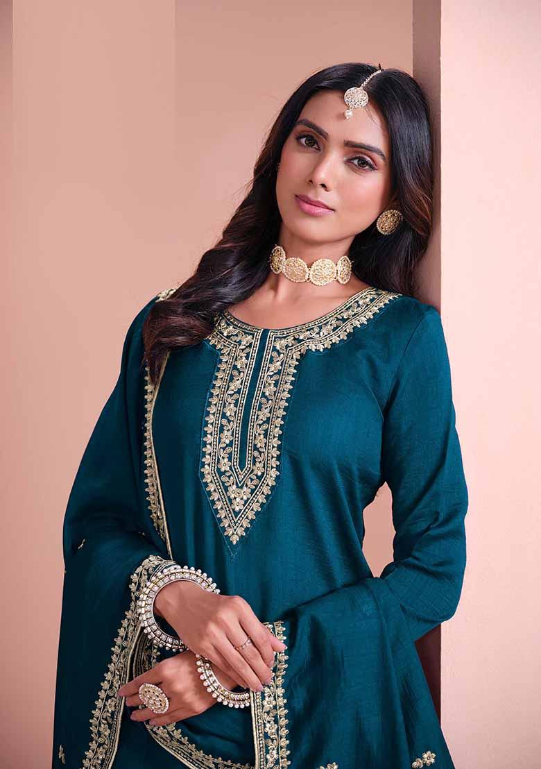 Teal Green Embroidered Art Silk Palazzo Set With Dupatta