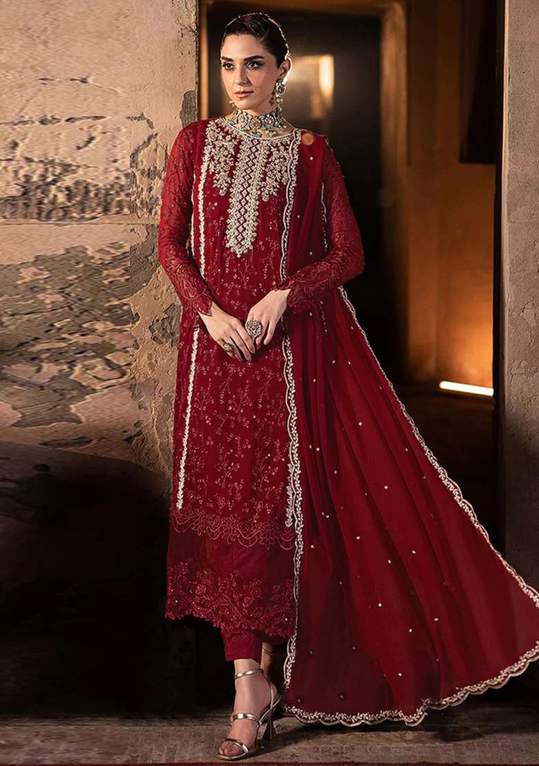 Red Embroidered Georgette Anarkali With Dupatta With Dupatta - Indya