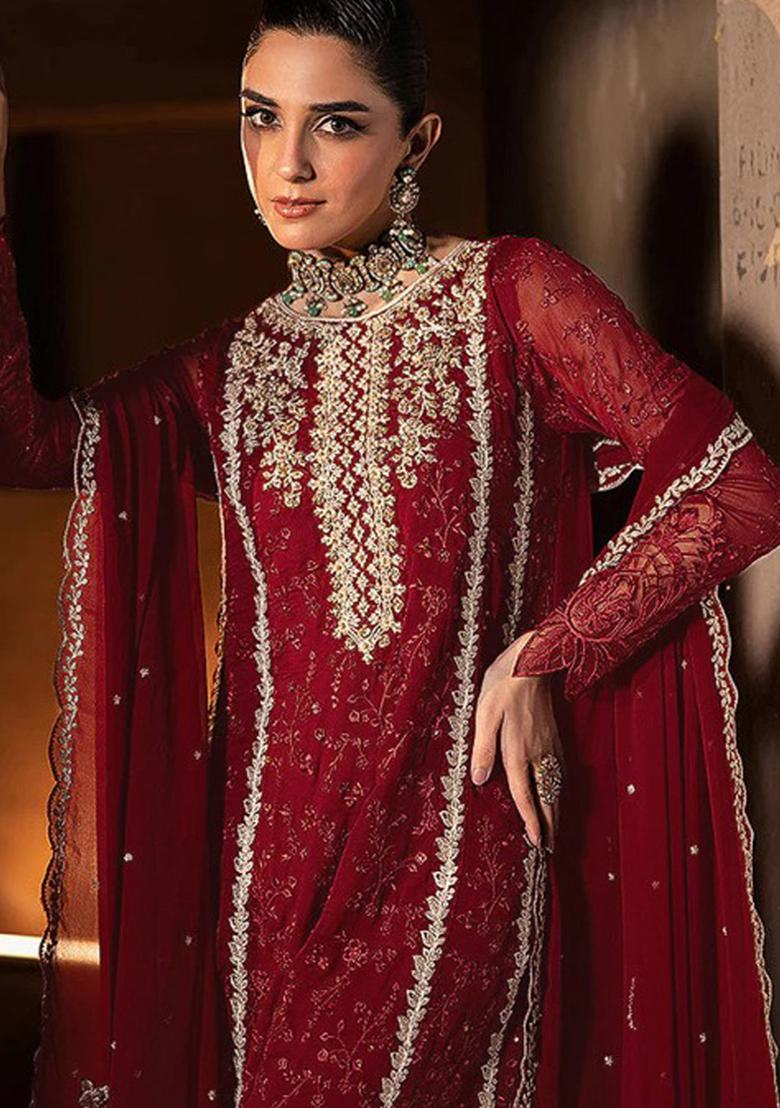 Red Embroidered Georgette Anarkali Set With Dupatta