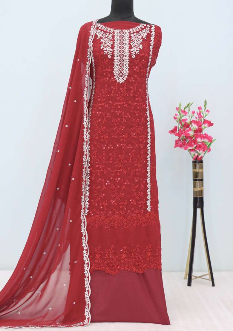 Red Embroidered Georgette Anarkali With Dupatta With Dupatta - Indya