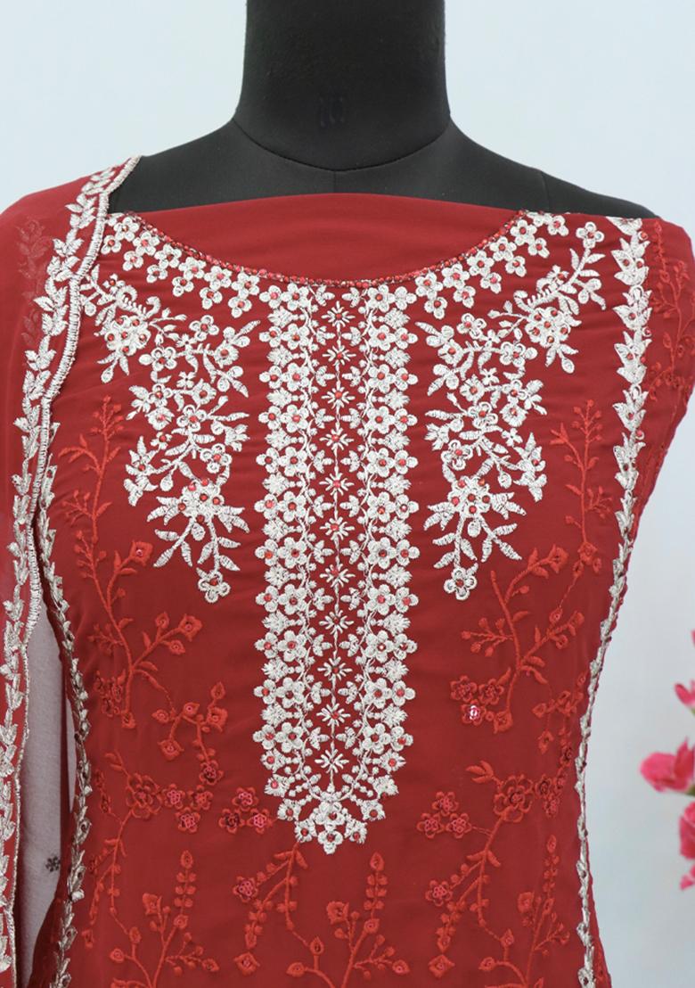 Red Embroidered Georgette Anarkali Set With Dupatta