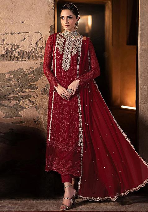 Red Embroidered Georgette Anarkali Set With Dupatta