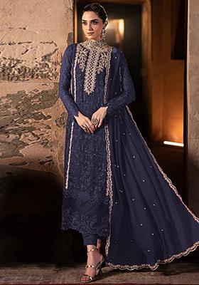 Navy Blue Embroidered Georgette Pakistani Salwar Kameez With Dupatta