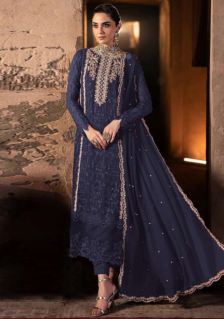 Navy Blue Embroidered Georgette Pakistani Salwar Kameez With Dupatta - Indya