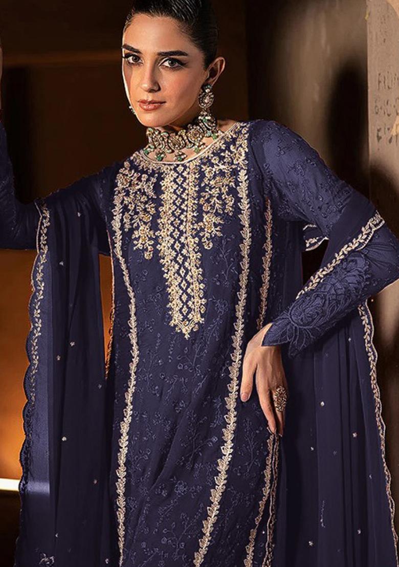 Navy Blue Embroidered Georgette Pakistani Salwar Kameez With Dupatta