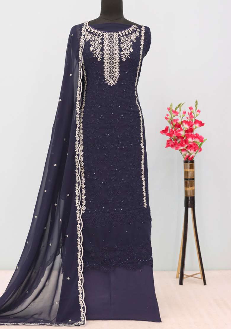Navy Blue Embroidered Georgette Pakistani Salwar Kameez With Dupatta - Indya