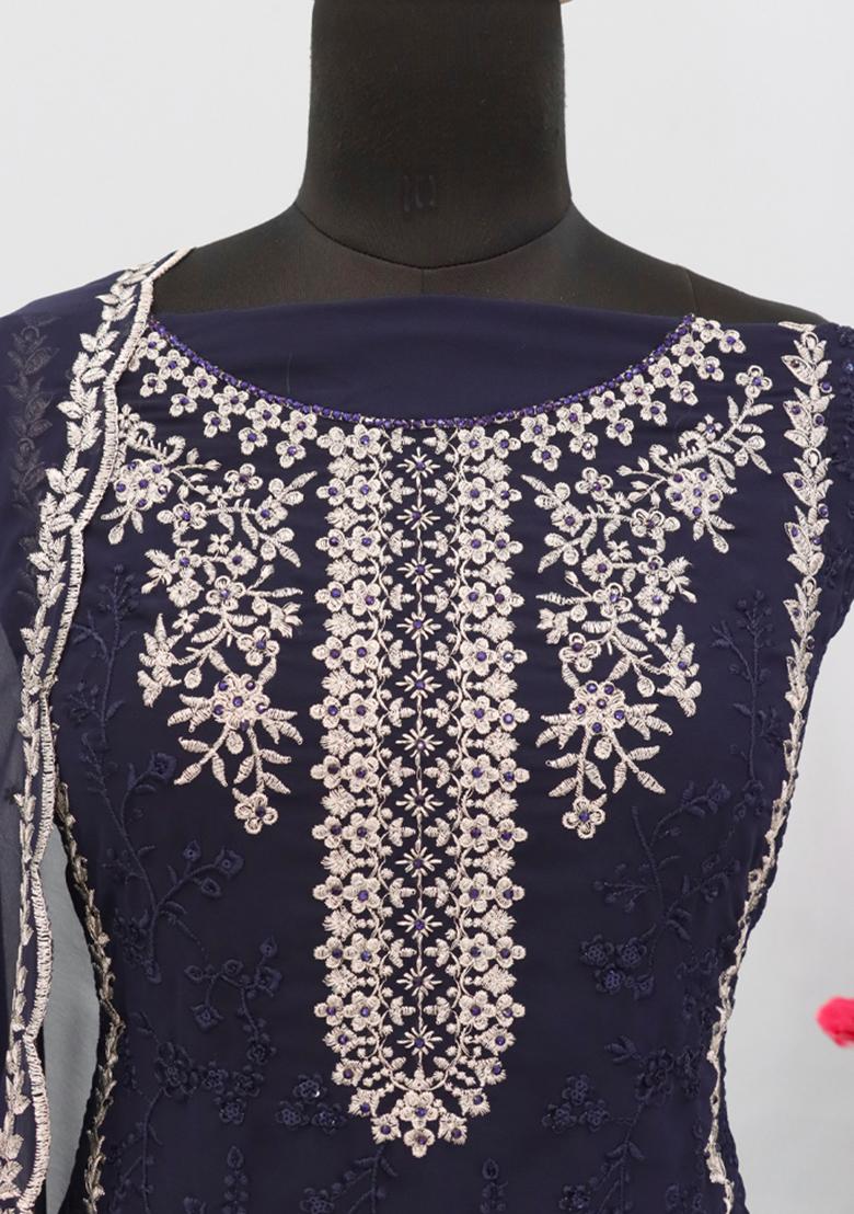 Navy Blue Embroidered Georgette Pakistani Salwar Kameez With Dupatta