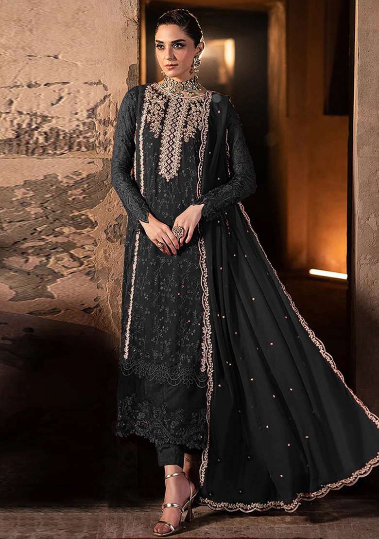 Black Embroidered Georgette Pakistani Salwar Kameez With Dupatta - Indya