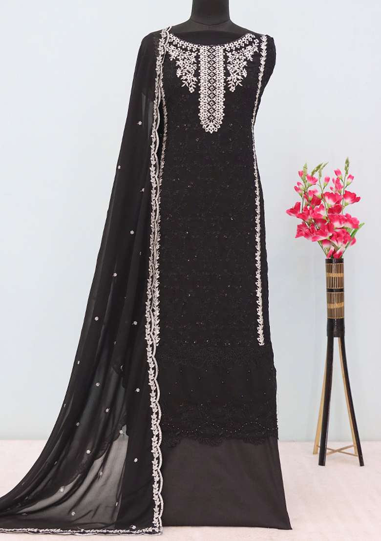 Black Embroidered Georgette Pakistani Salwar Kameez With Dupatta - Indya