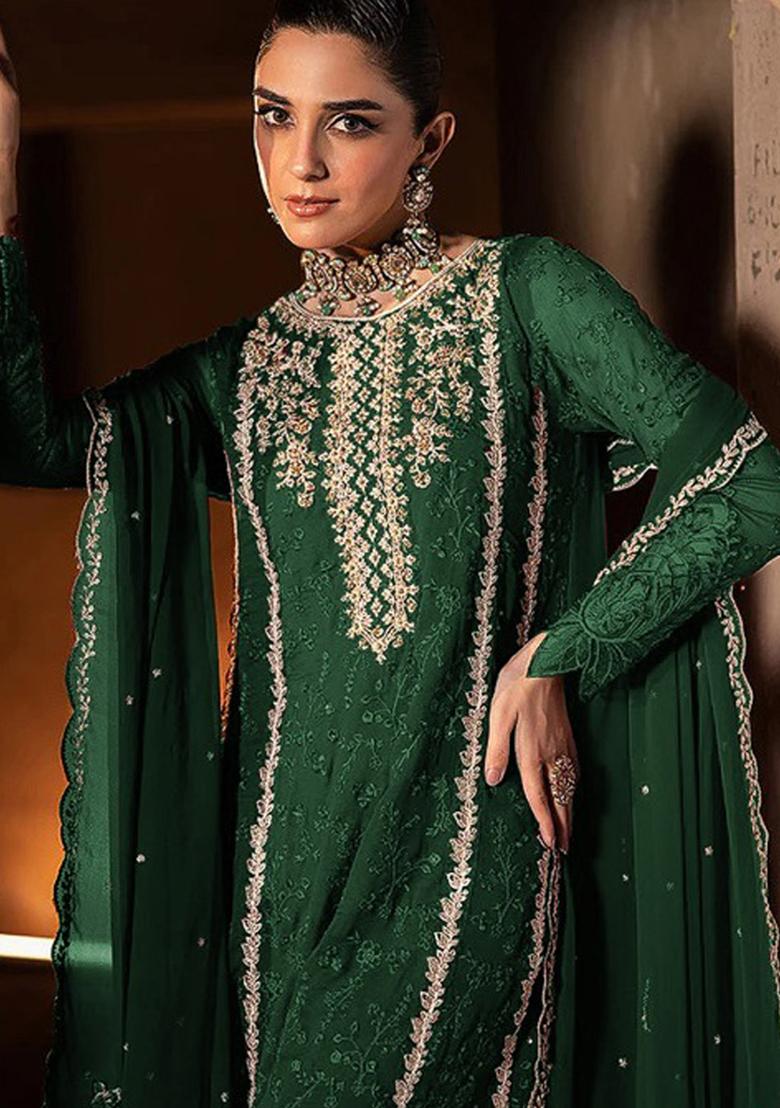 Green Embroidered Georgette Pakistani Salwar Kameez With Dupatta