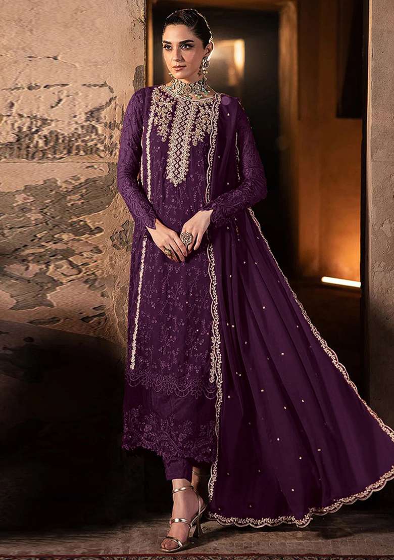 Purple Embroidered Georgette Pakistani Salwar Kameez With Dupatta - Indya