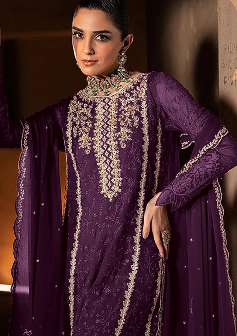Purple Embroidered Georgette Pakistani Salwar Kameez With Dupatta