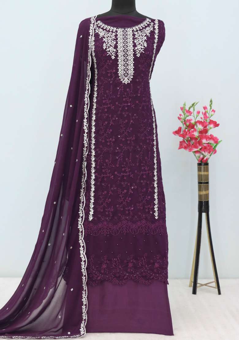Purple Embroidered Georgette Pakistani Salwar Kameez With Dupatta - Indya