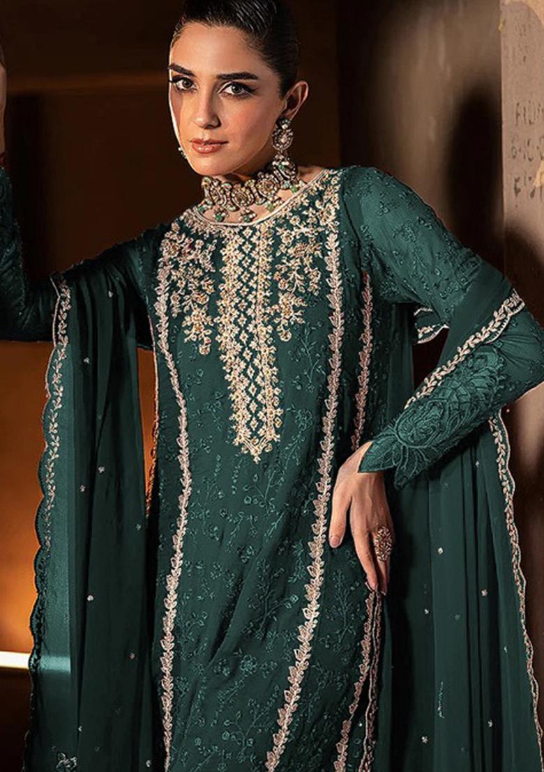Rama Green Embroidered Georgette Pakistani Salwar Kameez With Dupatta