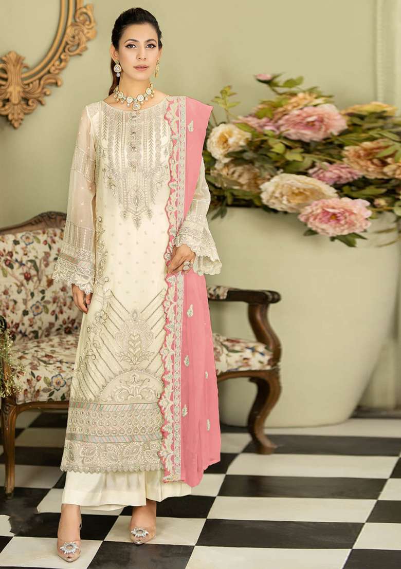 White Embroidered Georgette Pakistani Suit Set - Indya