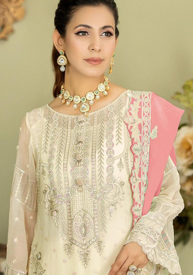 White Embroidered Georgette Pakistani Salwar Kameez With Dupatta