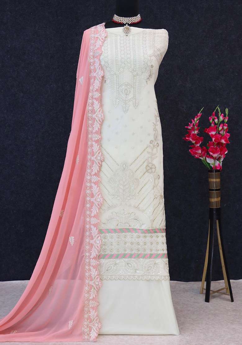White Embroidered Georgette Pakistani Suit Set - Indya