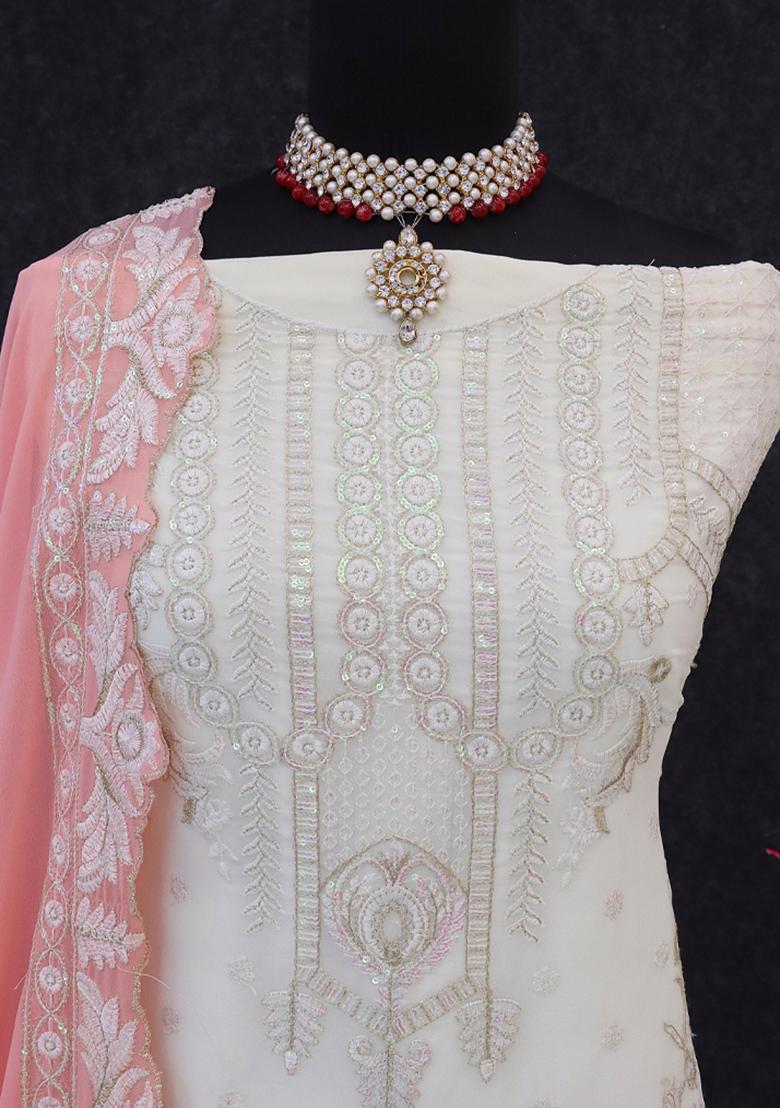 White Embroidered Georgette Pakistani Salwar Kameez With Dupatta
