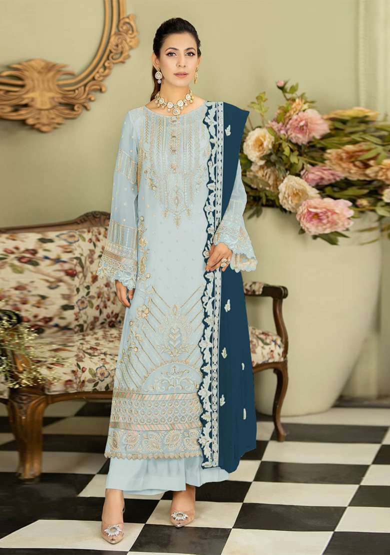Sky Blue Embroidered Georgette Pakistani Salwar Kameez With Dupatta - Indya