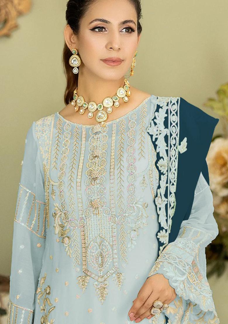 Sky Blue Embroidered Georgette Pakistani Salwar Kameez With Dupatta