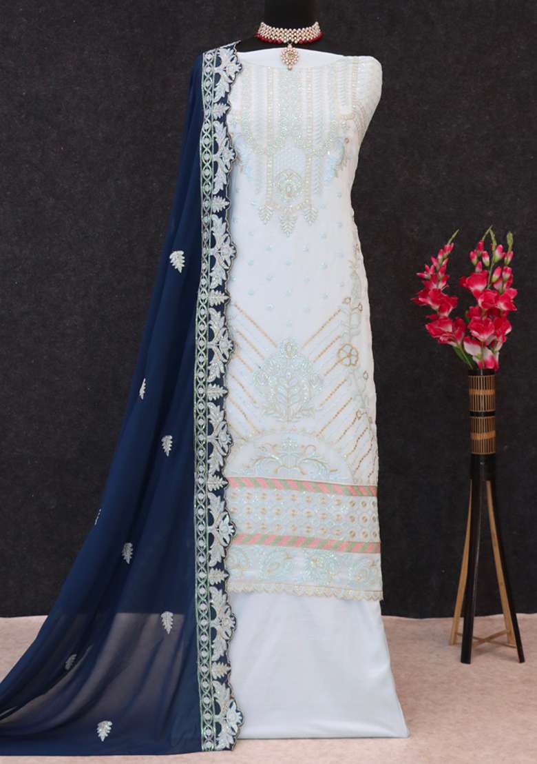 Sky Blue Embroidered Georgette Pakistani Salwar Kameez With Dupatta - Indya