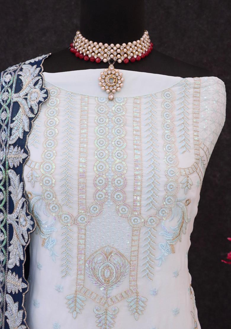 Sky Blue Embroidered Georgette Pakistani Salwar Kameez With Dupatta