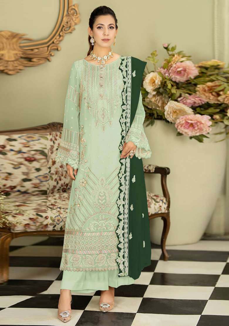 Pista Green Embroidered Georgette Pakistani Suit Set - Indya