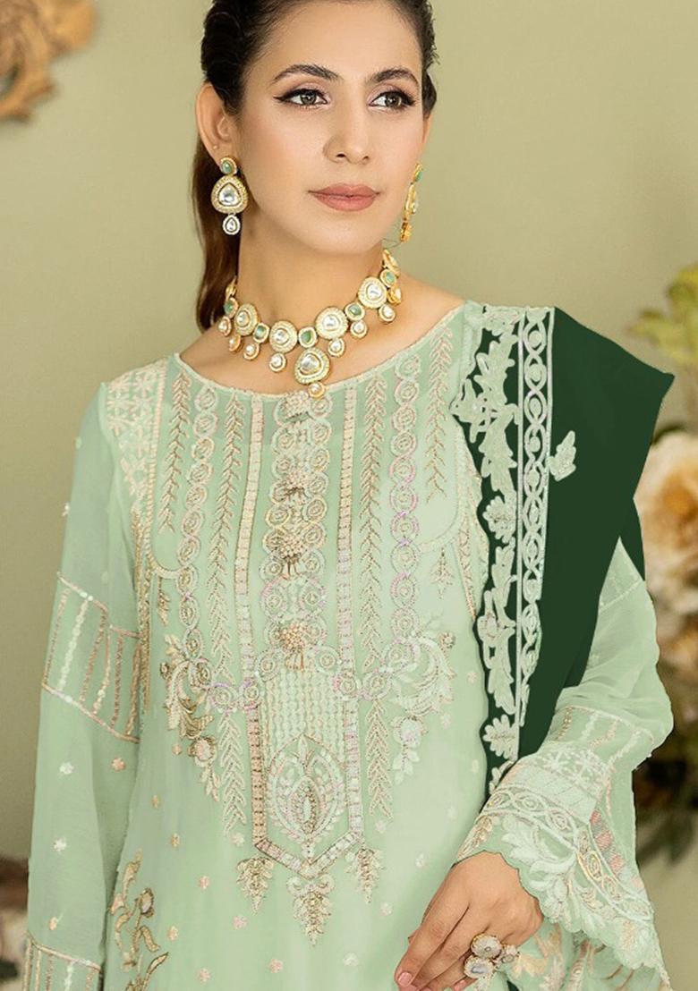 Pista Green Embroidered Georgette Pakistani Salwar Kameez With Dupatta