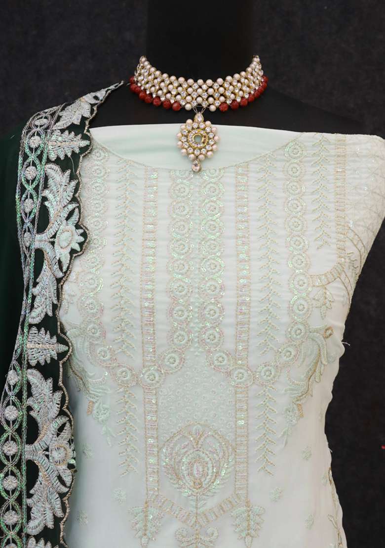 Pista Green Embroidered Georgette Pakistani Suit Set - Indya