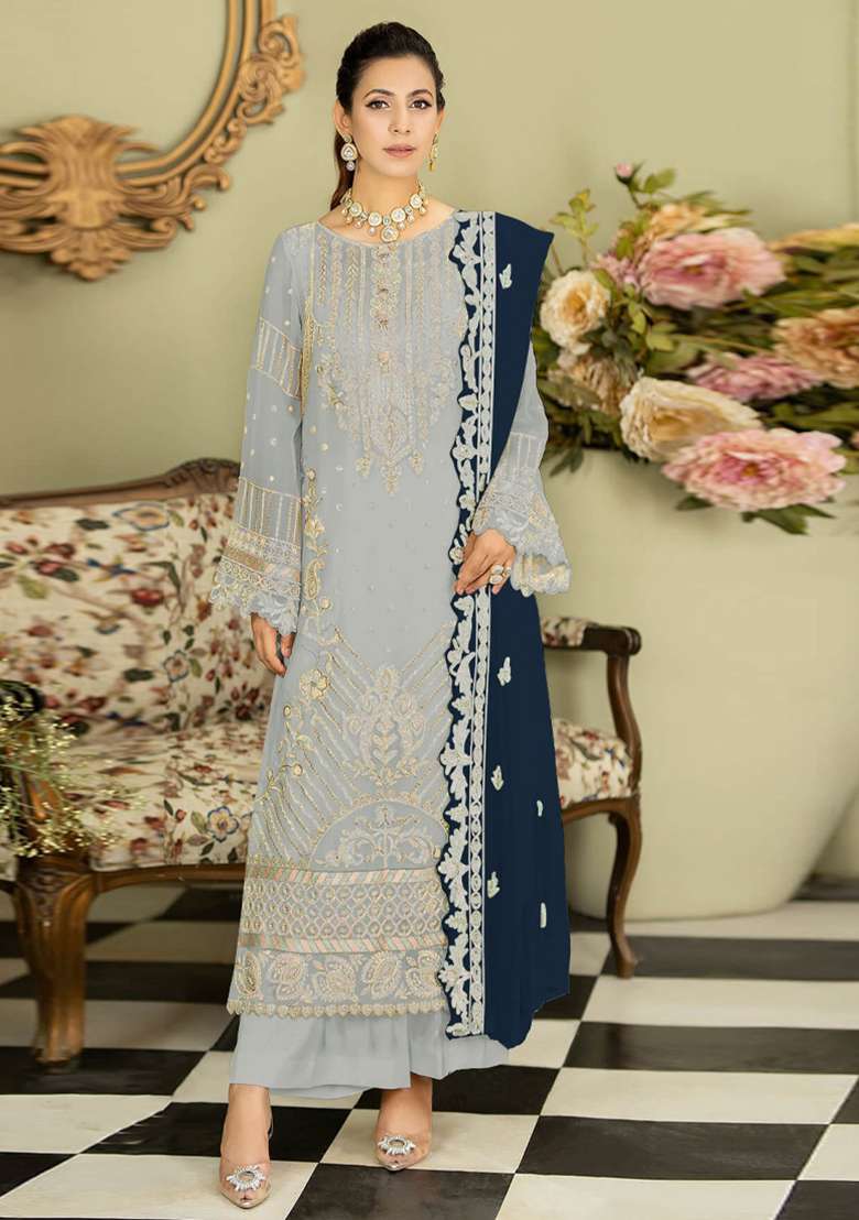 Baby Blue Embroidered Georgette Pakistani Suit Set - Indya