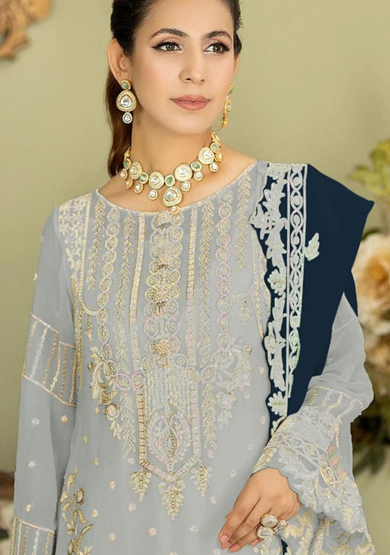 Baby Blue Embroidered Georgette Pakistani Salwar Kameez With Dupatta