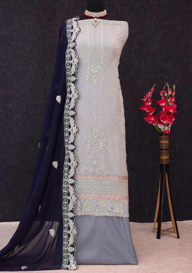 Baby Blue Embroidered Georgette Pakistani Suit Set - Indya