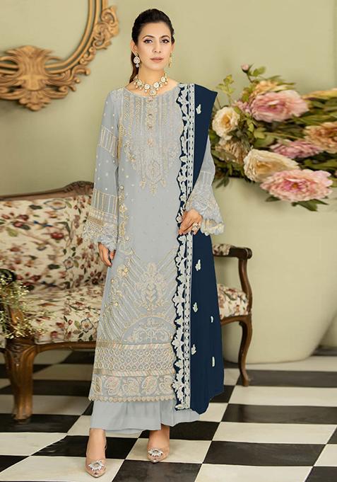 Baby Blue Embroidered Georgette Pakistani Salwar Kameez With Dupatta