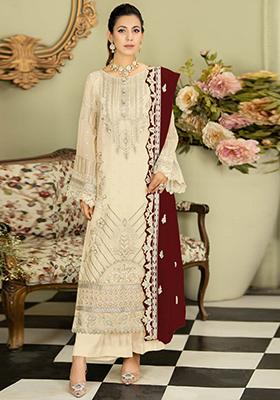 Off White Embroidered Georgette Pakistani Salwar Kameez With Dupatta