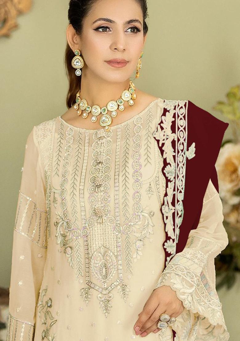 Off White Embroidered Georgette Pakistani Salwar Kameez With Dupatta