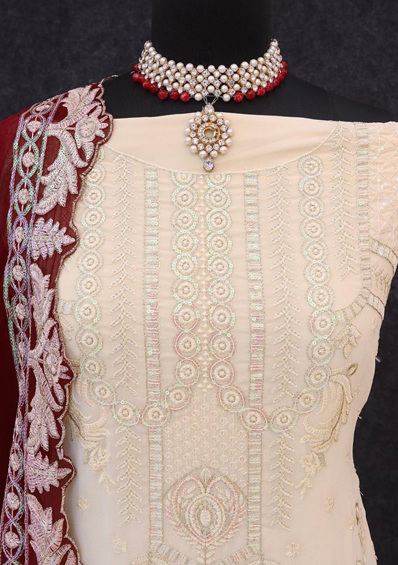 Off White Embroidered Georgette Pakistani Salwar Kameez With Dupatta