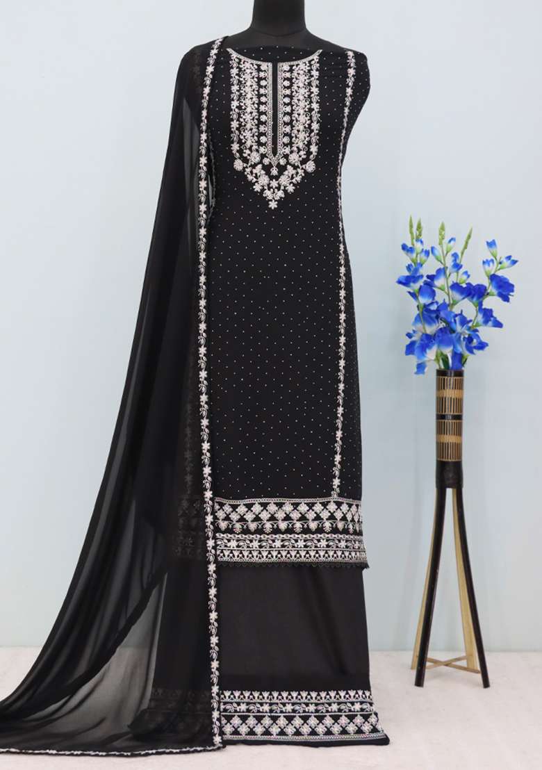 Black Embroidered Georgette Pakistani Salwar Kameez With Dupatta - Indya