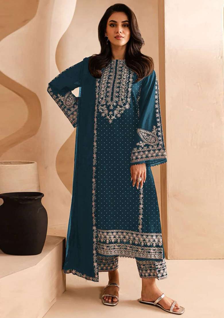 Teal Blue Embroidered Georgette Pakistani Salwar Kameez With Dupatta - Indya