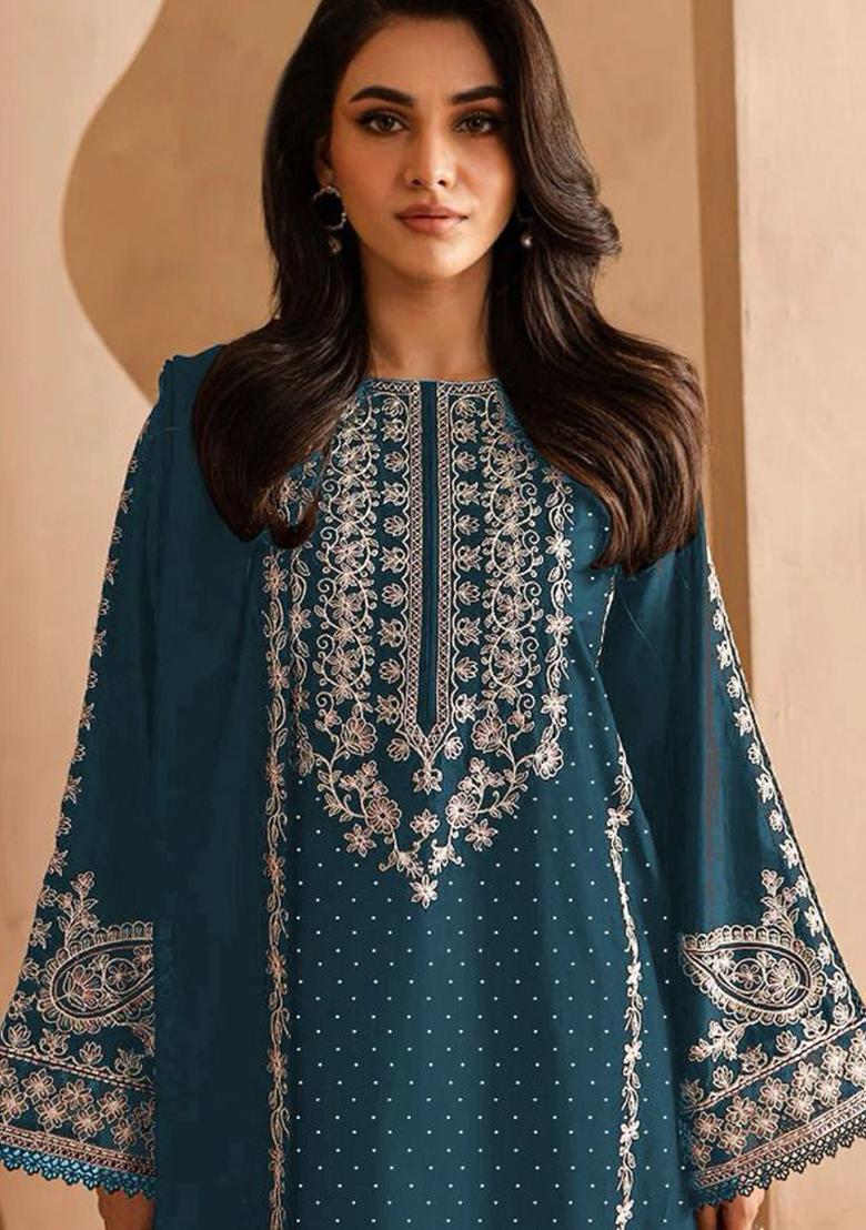 Teal Blue Embroidered Georgette Pakistani Salwar Kameez With Dupatta
