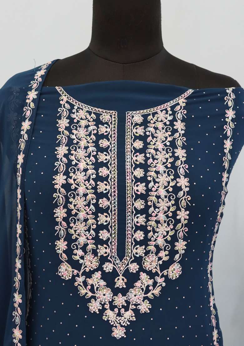 Teal Blue Embroidered Georgette Pakistani Salwar Kameez With Dupatta - Indya