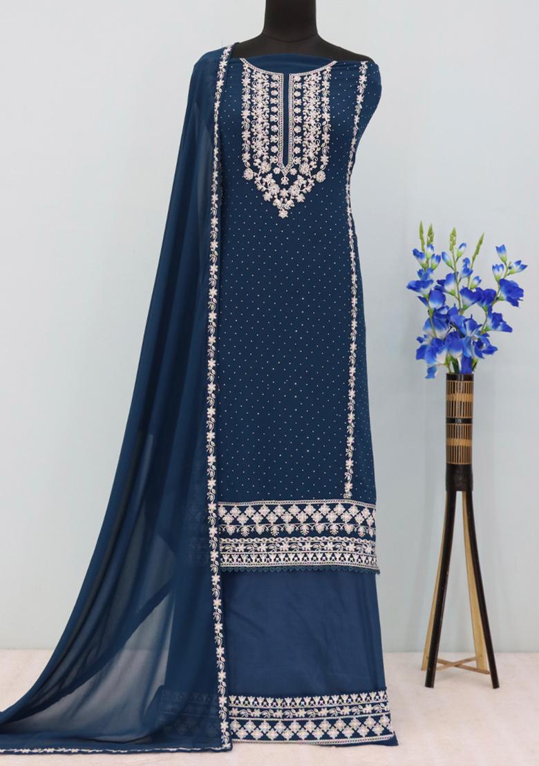 Teal Blue Embroidered Georgette Pakistani Salwar Kameez With Dupatta